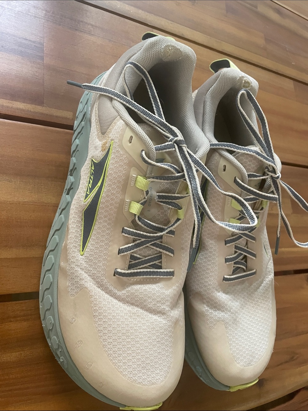 Altra Men's Trail Running Shoes in beige with Lime and Mint Green Accents - 10.5